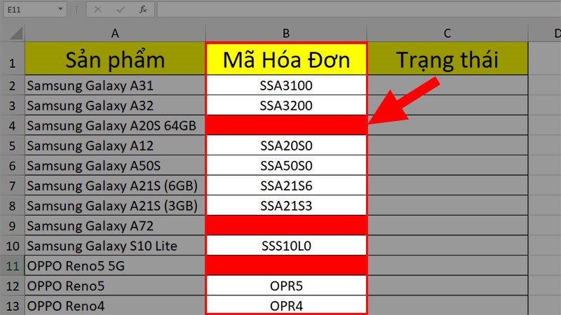 Nhấn OK ở hộp thoại New rule để tô màu cho các ô trống trong cột Mã Hóa Đơn